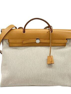 HERMES Her Bag MM Cream Natural Toile H Leather Square G Handbag